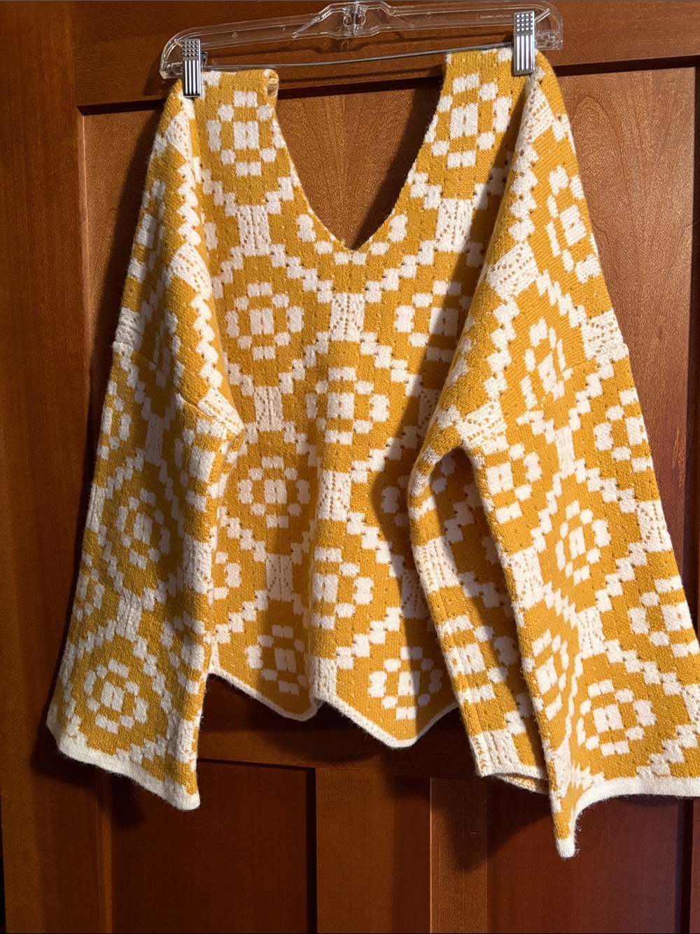 POL Mustard Mustard and White Granny square  V-Neck Sweater